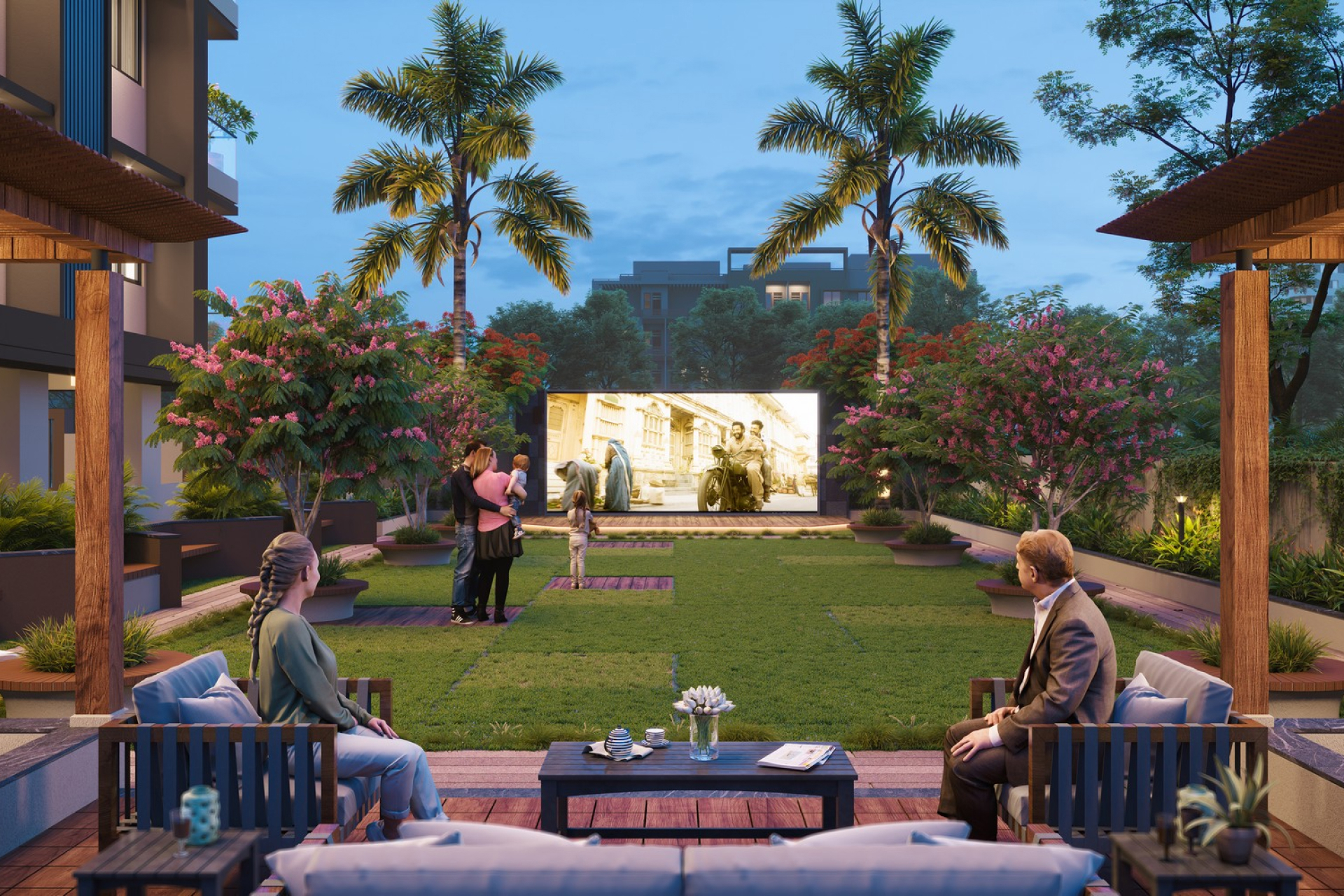 people watching movie in the garden area